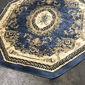 Traditional Octagon Oriental Floral Aubusson Area Rug Persian Light Blue Burgundy Beige Design 602 (4 Feet X 4 Feet)