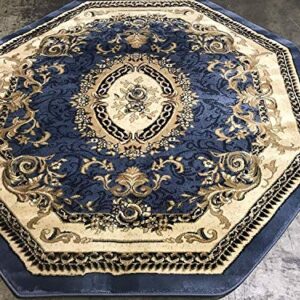 Traditional Octagon Oriental Floral Aubusson Area Rug Persian Light Blue Burgundy Beige Design 602 (4 Feet X 4 Feet)