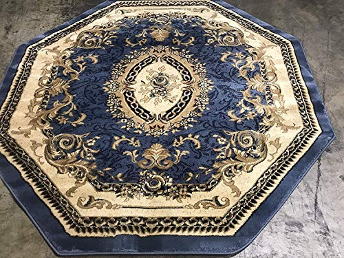 Traditional Octagon Oriental Floral Aubusson Area Rug Persian Light Blue Burgundy Beige Design 602 (4 Feet X 4 Feet)