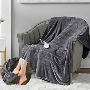 heated microplush blanket with foot pocket – 3 heat settings, auto shut-off, machine washable, soft & comfortable electric throw (50×62 inches, grey)