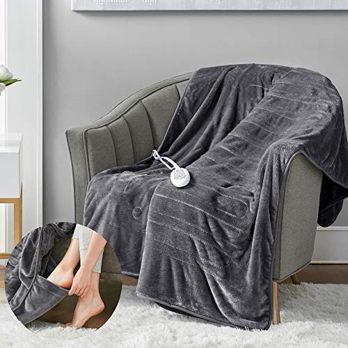 Heated Microplush Blanket with Foot Pocket - 3 Heat Settings, Auto Shut-Off, Machine Washable, Soft & Comfortable Electric Throw (50x62 inches, Grey)