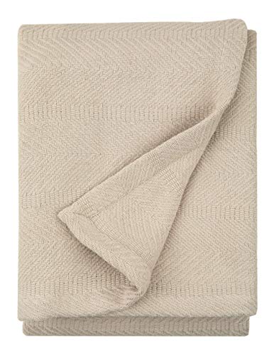 Sticky Toffee Cotton Woven Tan Throw Blanket, Lightweight Herringbone Weave, Warm and Soft Blanket for Couch Sofa or Bed, Oeko-Tex Cotton Throw, 60 in x 50 in