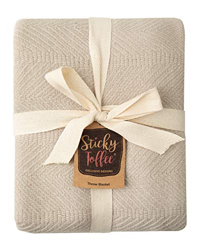 Sticky Toffee Cotton Woven Tan Throw Blanket, Lightweight Herringbone Weave, Warm and Soft Blanket for Couch Sofa or Bed, Oeko-Tex Cotton Throw, 60 in x 50 in