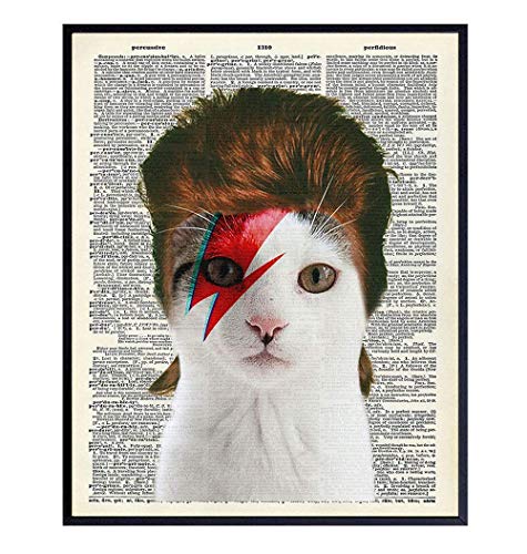 Poster of David Bowie Cat Wall Art - 8x10 Funny Upcycled Dictionary Cat Wall Decor for Vet, Veterinarian Office, Home, Bedroom - Unique Gift for 70s, 80s Punk Rock Music, Ziggy Stardust Fans