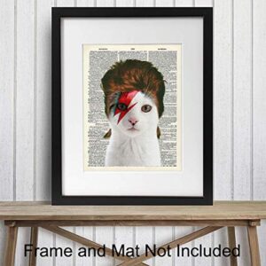 Poster of David Bowie Cat Wall Art - 8x10 Funny Upcycled Dictionary Cat Wall Decor for Vet, Veterinarian Office, Home, Bedroom - Unique Gift for 70s, 80s Punk Rock Music, Ziggy Stardust Fans