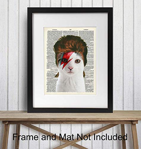 Poster of David Bowie Cat Wall Art - 8x10 Funny Upcycled Dictionary Cat Wall Decor for Vet, Veterinarian Office, Home, Bedroom - Unique Gift for 70s, 80s Punk Rock Music, Ziggy Stardust Fans