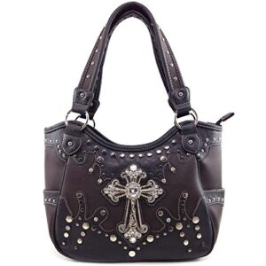 justin west cowgirl western rhinestone cross floral embroidery studded concealed carry handbag purse trifold crossbody messenger bag wallet (brown tote purse)