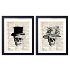 akeke skull decor vintage dictionary art print two set – skull decorations gentleman lady hat – bone art wall decor 8×10 inch unframed skull couples gifts for women men