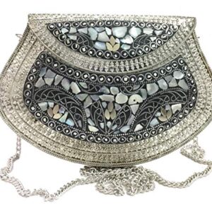 Ethnic Clutch Gift Metal Bag Metal Clutch Vintage Handmade Bags Metal Mosaic Stone Bag, Shell Purse, Sling Bag, Party Bag (Silver)