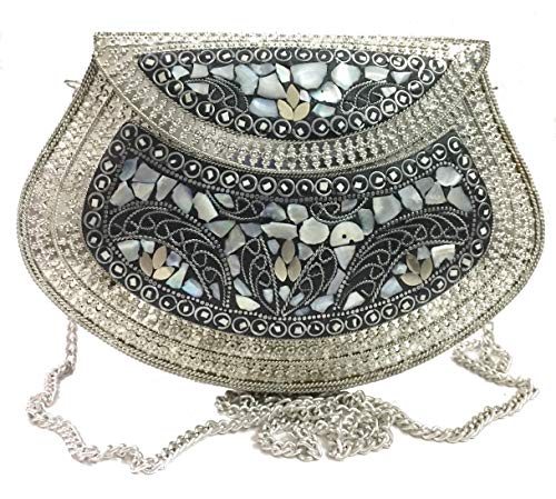 Ethnic Clutch Gift Metal Bag Metal Clutch Vintage Handmade Bags Metal Mosaic Stone Bag, Shell Purse, Sling Bag, Party Bag (Silver)