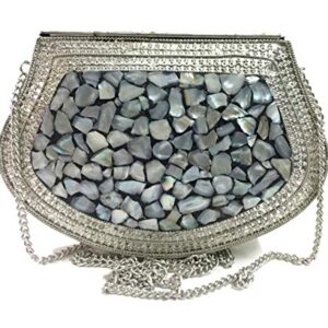 Ethnic Clutch Gift Metal Bag Metal Clutch Vintage Handmade Bags Metal Mosaic Stone Bag, Shell Purse, Sling Bag, Party Bag (Silver)