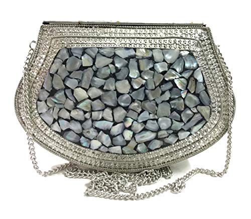 Ethnic Clutch Gift Metal Bag Metal Clutch Vintage Handmade Bags Metal Mosaic Stone Bag, Shell Purse, Sling Bag, Party Bag (Silver)