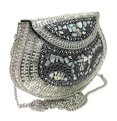 Ethnic Clutch Gift Metal Bag Metal Clutch Vintage Handmade Bags Metal Mosaic Stone Bag, Shell Purse, Sling Bag, Party Bag (Silver)