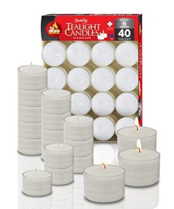 ner mitzvah long lasting tealight candles – 6 hours – white in clear cups – unscented – 40 pack – made in eu