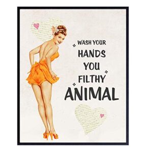 wash your hands – vintage style sign – bathroom home art pinup print – funny 8×10 wall decor picture for bath – great unique humorous gift – 1950s retro poster print decoration