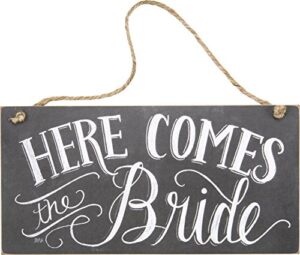 primitives by kathy 26915 chalk art wedding hanging sign, 12 x 6-inches, here comes the bride