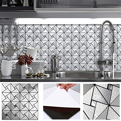 HomeyMosaic Peel and Stick Backsplash Tile for Kitchen Bathroom Countertops Fireplace Contact Metal Wall Stickers Decor Windmill Puzzle Glass Mixed(5 Sheets,Silver)