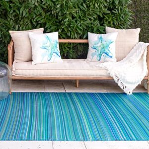 fab habitat outdoor rug – waterproof, fade resistant, crease-free – premium recycled plastic – striped – patio, porch, deck, balcony, sunroom – cancun – turquoise & moss green – 5 x 8 ft