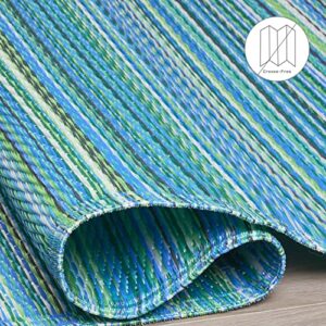 Fab Habitat Outdoor Rug - Waterproof, Fade Resistant, Crease-Free - Premium Recycled Plastic - Striped - Patio, Porch, Deck, Balcony, Sunroom - Cancun - Turquoise & Moss Green - 5 x 8 ft