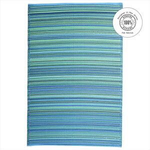 Fab Habitat Outdoor Rug - Waterproof, Fade Resistant, Crease-Free - Premium Recycled Plastic - Striped - Patio, Porch, Deck, Balcony, Sunroom - Cancun - Turquoise & Moss Green - 5 x 8 ft