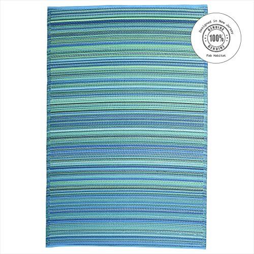 Fab Habitat Outdoor Rug - Waterproof, Fade Resistant, Crease-Free - Premium Recycled Plastic - Striped - Patio, Porch, Deck, Balcony, Sunroom - Cancun - Turquoise & Moss Green - 5 x 8 ft