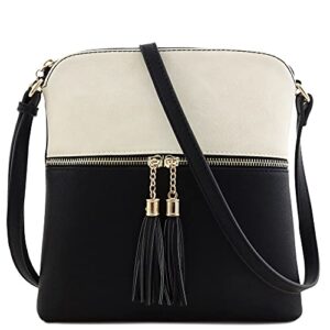 fashionpuzzle tassel zip pocket crossbody bag (beige/black)
