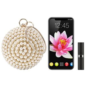 WPKLTMZ Womans Round Clutch Ball Handbag Dazzling Full Rhinestone Tassles Ring Handle Purse Pearls Evening Bag