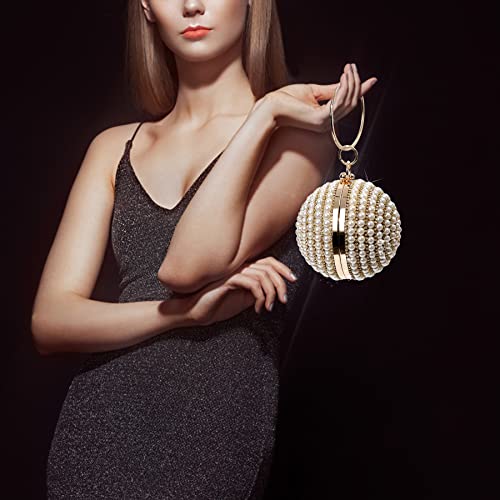 WPKLTMZ Womans Round Clutch Ball Handbag Dazzling Full Rhinestone Tassles Ring Handle Purse Pearls Evening Bag