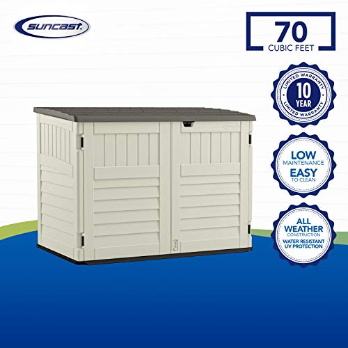 Suncast 5. 4 ft. x 3. 2 ft Horizontal Stow-Away Storage Shed - Natural Wood-like Outdoor Storage for Trash Cans and Yard Tools - All-Weather Resin, Hinged Lid, Reinforced Floor - Vanilla and Stoney