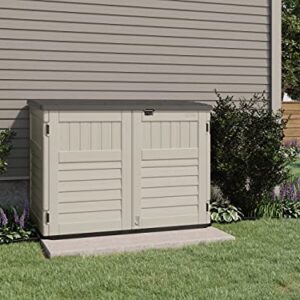 Suncast 5. 4 ft. x 3. 2 ft Horizontal Stow-Away Storage Shed - Natural Wood-like Outdoor Storage for Trash Cans and Yard Tools - All-Weather Resin, Hinged Lid, Reinforced Floor - Vanilla and Stoney