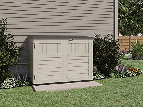 Suncast 5. 4 ft. x 3. 2 ft Horizontal Stow-Away Storage Shed - Natural Wood-like Outdoor Storage for Trash Cans and Yard Tools - All-Weather Resin, Hinged Lid, Reinforced Floor - Vanilla and Stoney