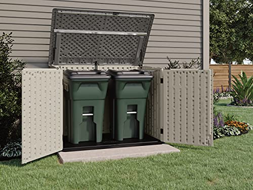 Suncast 5. 4 ft. x 3. 2 ft Horizontal Stow-Away Storage Shed - Natural Wood-like Outdoor Storage for Trash Cans and Yard Tools - All-Weather Resin, Hinged Lid, Reinforced Floor - Vanilla and Stoney