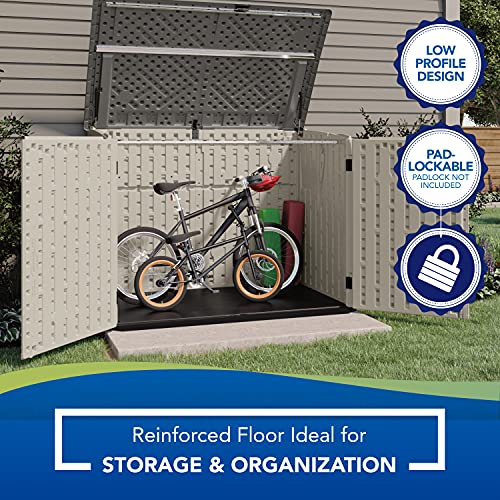 Suncast 5. 4 ft. x 3. 2 ft Horizontal Stow-Away Storage Shed - Natural Wood-like Outdoor Storage for Trash Cans and Yard Tools - All-Weather Resin, Hinged Lid, Reinforced Floor - Vanilla and Stoney