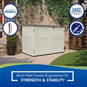 Suncast 5. 4 ft. x 3. 2 ft Horizontal Stow-Away Storage Shed - Natural Wood-like Outdoor Storage for Trash Cans and Yard Tools - All-Weather Resin, Hinged Lid, Reinforced Floor - Vanilla and Stoney