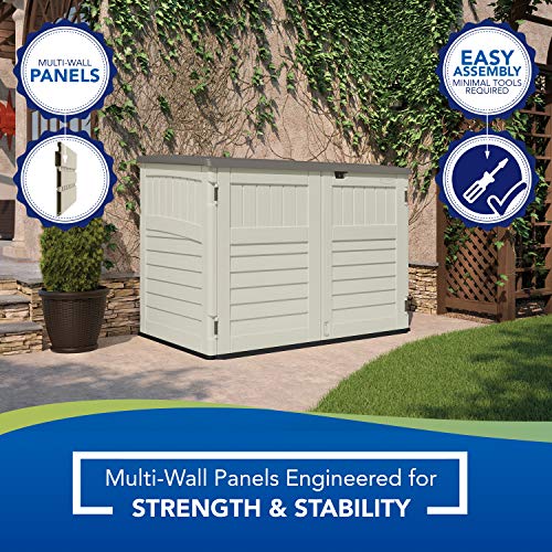 Suncast 5. 4 ft. x 3. 2 ft Horizontal Stow-Away Storage Shed - Natural Wood-like Outdoor Storage for Trash Cans and Yard Tools - All-Weather Resin, Hinged Lid, Reinforced Floor - Vanilla and Stoney