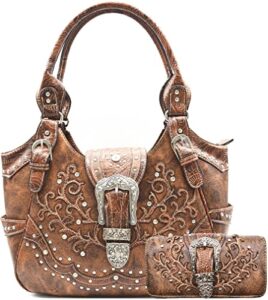 western style tooled leather conceal carry purse buckle country large totes handbag women shoulder bag wallet set brown