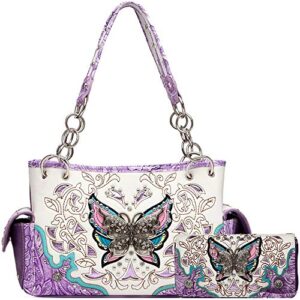 Western Style Spring Butterfly Flower Purse Women Country Handbag Rhinestone Stud Shoulder Bag Wallet Set (#2 Purple Set)