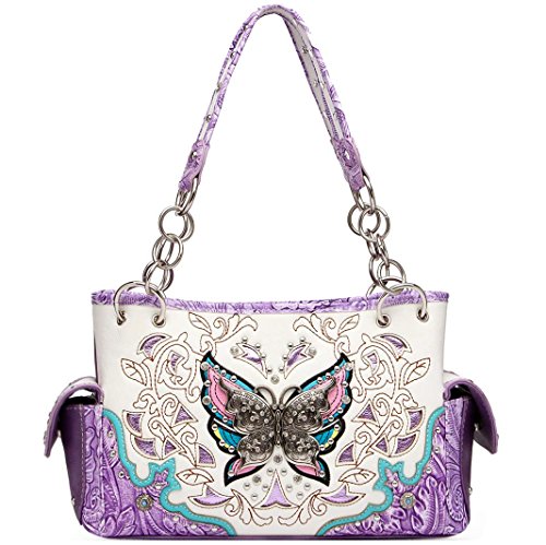 Western Style Spring Butterfly Flower Purse Women Country Handbag Rhinestone Stud Shoulder Bag Wallet Set (#2 Purple Set)