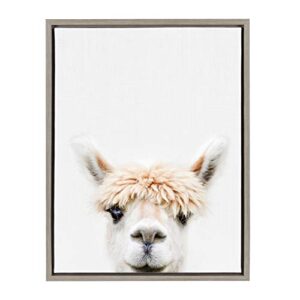 kate and laurel sylvie alpaca bangs animal print portrait framed canvas wall art by amy peterson, 18×24 gray