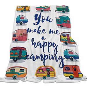 plush fleece throw blanket | fuzzy, soft, warm, cozy, reversible blanket for bed couch sofa chair travel- 39″ x 49″ you make me happy camping motivational quote caravans retro style travel graphic