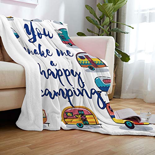 Plush Fleece Throw Blanket | Fuzzy, Soft, Warm, Cozy, Reversible Blanket for Bed Couch Sofa Chair Travel- 39" x 49" You Make Me Happy Camping Motivational Quote Caravans Retro Style Travel Graphic