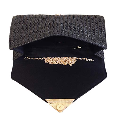 JNB Natural Straw Clutch, Black Medium