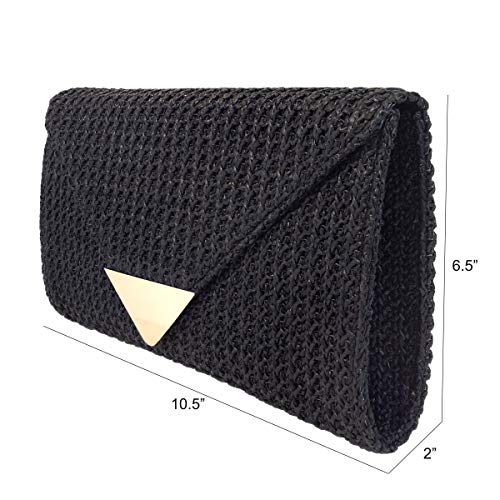 JNB Natural Straw Clutch, Black Medium