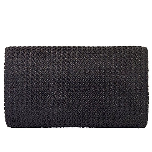 JNB Natural Straw Clutch, Black Medium