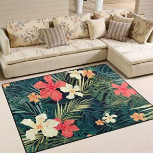 alaza tropical palm tree leaves hibiscus flowers area soft non slip floor mat washable carpet for bedroom living room 1 piece 4×5 feet