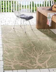 unique loom collection coastal, branches, botanical, indoor and outdoor area rug, 4 ft x 6 ft, light green/beige