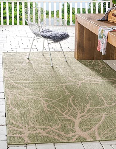 Unique Loom Collection Coastal, Branches, Botanical, Indoor and Outdoor Area Rug, 4 ft x 6 ft, Light Green/Beige