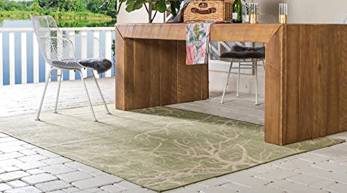 Unique Loom Collection Coastal, Branches, Botanical, Indoor and Outdoor Area Rug, 4 ft x 6 ft, Light Green/Beige