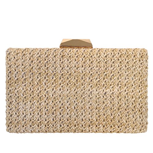 Natural Straw Box Clutch, Natural Medium