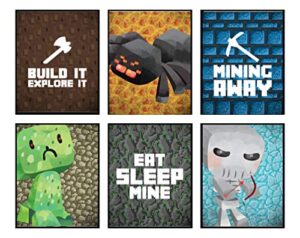 mining away – pixel video game craft miners room wall hanging art prints decor poster sign pictures bedroom (set of six)